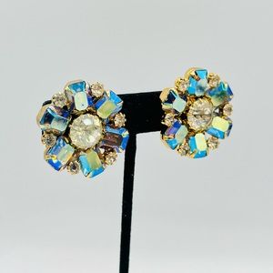 Vintage clip on earrings aurora borealis blue rhinestones gold tone